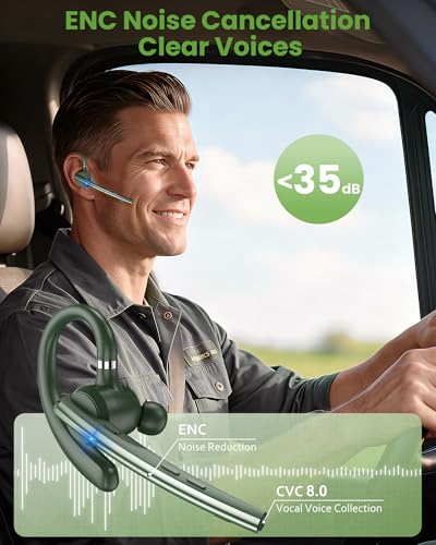 Bluetooth Headset,72H Work Single-Ear Wireless Earpiece for Cell Phone Call | 2 Charging Ways & 500mAh Charging Case,Dual Mic ENC Noise Cancel, Mute Button,V5.1 Hands-Free for Phone and Laptop - color: Solid army green