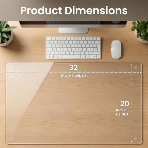Tempered Glass Desk Pad 32" x 20" - Clear Non-Slip Office Desk Mat for Keyboard & Monitor, Easy to Clean Glass Writing Pad for Home & Work - size: 20" x 32"
