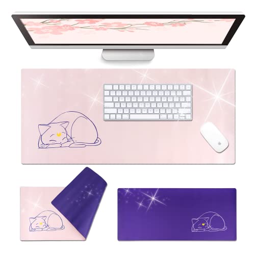 Anime Cat Desk Pad | Double Sided Large Pastel Pink Purple | Waterproof Faux Leather Mat Mousepad | Kawaii Cute Desk Office Laptop Keyboard Makeup Blotter Protector