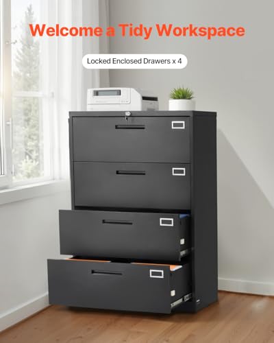 VEVOR 4 Drawers Metal File Cabinet, Vertical Filing Cabinet with Lock and Adjustable Hanging Rod, Tall Filing Storage Cabinets for Home and Office Fit Letter, A4, Legal Size File, Easy Assembly, Black