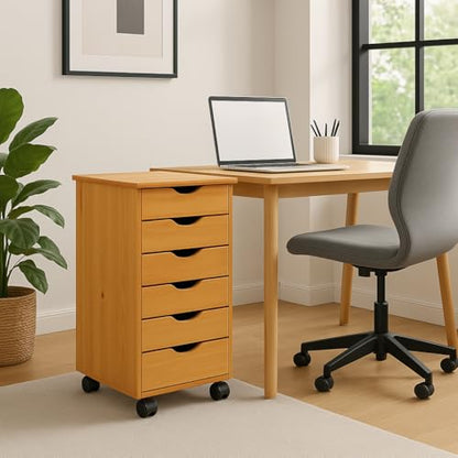 Jela-USA Solid Pine Wood 6 Drawer Rolling Cart, Honey Pine - color: Medium Wood, style: 6 Drawer