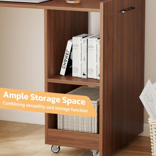 Zevemomo Folding Desk, Convertible Table with Shelves & Wheels - Walnut | Folding Desk with Storage, Craft Cabinet with Fold Out Table, Compact Computer Desk for Small Space, Reversible L Shaped Desk - color: Walnut