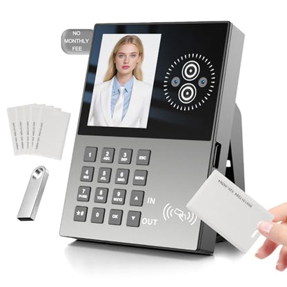 Employee Time Clock-Time Clocks for Employees Small Business Face Recognition,Badges&PIN Attendance Machine, 0 Monthly Fee Office in/Out Punch Clock, with 5 Badges & USB Flash Drive-T500