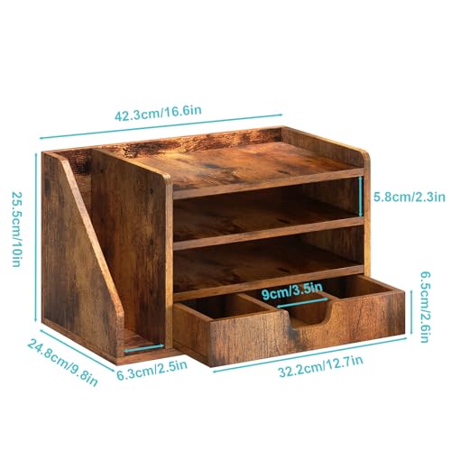 Wood Desk File Organizer with Side File Rack, Space-Efficient Design Easy to Assemble for Efficient Office Setup, Reduces Desk Clutter (Brown) - color: Brown