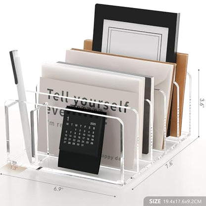 SANRUI Clear Acrylic Mail Organizer with 5 Compartments and 1 Pen Holder - size: 5 Slots with Pen Holder