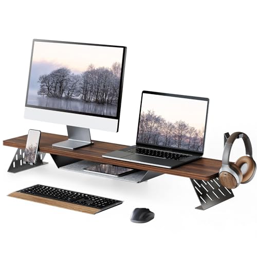 Fenge Dual Monitor Stand, Wooden Desk Shelf with Headphone & Phone Holder | 42.5" Monitor Riser with Storage Shelf, 2-Tier Monitor Shelf with Metal Leg for Home Office Organizer, Brown - color: Brown