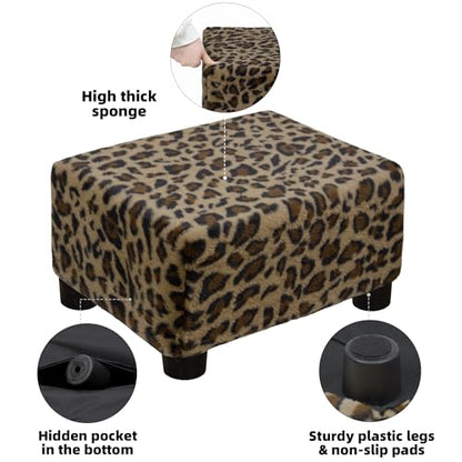 CAROLMADE Small Foot Stool Ottoman Footstool with Legs Under Desk Footrest for Living Room Bedroom and Office, Faux Fur Brown - color: Leopard Print Brown, size: 11"d X 15.4"w X 8.3"h