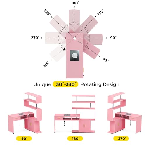 Kikihouse Manicure Table Nail Desk with Stool, L-Shaped Nail Tech Desk with Dust Collector, Two-Way Drawer, Cabinet & Storage Shelves, Rotating Reversible Manicure Workstation on Wheels (Pink) - color: Pink