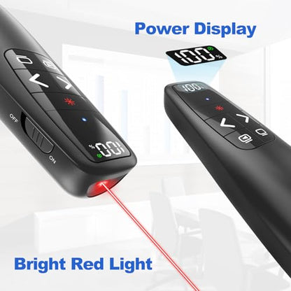 Presentation Clicker & Case, Power Display Wireless Presenter Remote | 2‑in‑1 USB/Type C Receiver, Rechargeable Red Light Pointer Computer PowerPoint PPT Clickers for Mac/Windows - style: Red Light & Power Display