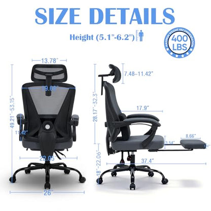 Ergonomic Office Desk Chair with Footrest - Adjustable Lumbar Support & 3D Headrest, 90-160° Reclining Mesh High-Back Rolling Work Swivel Computer Chair - Home Office/Gaming, 400lbs Capacity