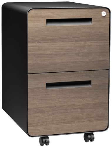 Laura Davidson Furniture Stockpile 2 Drawer Mobile File Cabinet with Lock - Under Desk Metal Filing Cabinet, Legal/Letter File Folders, Wheels and Stationary Feet, Pre-Assembled, Black/Wood - color: Black/Wood