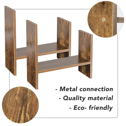 BROWN-BROWN Adjustable Wood Desk Shelf Organizer Office Home Multipurpose Desktop Shelf, Display Shelf Rack Top Mini Bookcase, Free Style Display Desktop Organization