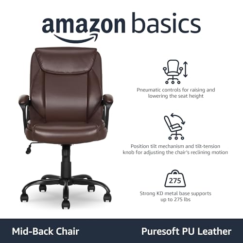 Amazon Basics Classic Puresoft PU Padded Mid-Back Office Chair with Armrest, Height Adjustable, Wheels, 25.75"D x 24.25"W x 42.25"H, Brown - color: Brown