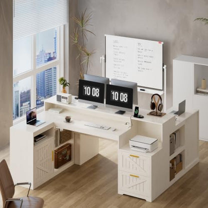 TVU Farmhouse L Shaped Desk with Drawers, 62.2" Home Office Desk with Storage Shelves and Power Outlet, L Shaped Computer Desk with Monitor Stand and Printer Shelf, White - color: White