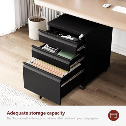 RAVIGIN 3 Drawer File Cabinet，Mobile Filing Cabinet with Lock and Wheels，Un-Assembled Metal Under Desk File Cabinets for A4/Letter/Legal Size（Black - color: Black, style: 3 Drawer-Un-Assembled