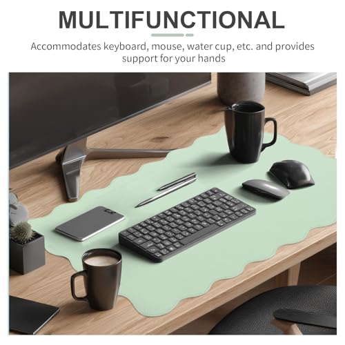 Tellegloww Scalloped Desk Mat Leather Desk Pad Protector Non-Slip PU Leather Table Protector Waterproof Mouse Pad Keyboard Mat Curly Mousepad PC Accessories Gift for Office Home (Sage Green)