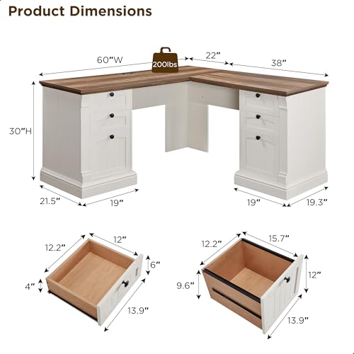 OKD 60" L Shaped Executive Desk, Farmhouse Desk with Drawers,Antique White - color: Antique White