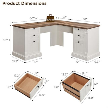 OKD 60" L Shaped Executive Desk, Farmhouse Desk with Drawers,Antique White - color: Antique White