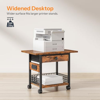 HOOBRO Printer Stand with Charging Station, 2-Tier Printer Cart, Under Desk Printer Table with Power Outlet, Wheeled Printer Table with Fabric Drawer, for Home Office, Rustic Brown and Black BF56UPS01