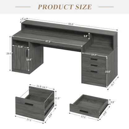 YOMILUVE 65" Computer Desk with 3 Drawers & Printer Shelf for Home Office - color: Dark Gray