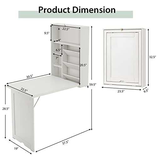 Wall Mounted Desk, Wood Collapsible Floating Desk, Convertible Computer Desk with Storage Area, Hanging Fold Out Table for Home Office, Small Spaces (White) - color: White