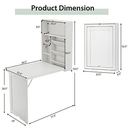 Wall Mounted Desk, Wood Collapsible Floating Desk, Convertible Computer Desk with Storage Area, Hanging Fold Out Table for Home Office, Small Spaces (White) - color: White