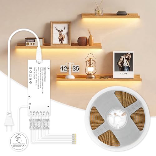 Under Cabinet COB Led Light Strip kit,16.4ft/5m Cuttable 3000K,Diffused Power with 6 Outlets,Touch Switch&Dimmer Strip for Curio Cabinet,Book Shelf,Wardore,Wine Rack - color: 3000K Warm, size: 1Roll/16.4FT