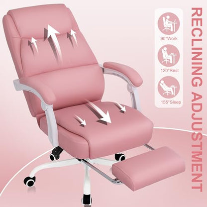 Misolant Big and Tall Office Chair with Footrest, High Back Desk Chair with Linkage Armrest, 90-155° Recline Executive Computer Chairs with Adjustable Height for Home - color: Pink