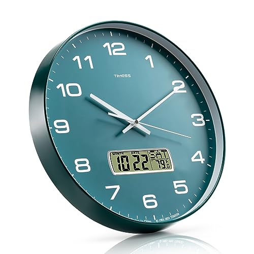 Wall Clock, 14" Large Dial Non-Ticking Silent Battery Operated Analog with LCD Display for Perpetual Calendar and F° Temperature, Ideal Modern Home, Bedroom, Kitchen, Office Decor(Green) | Perpetual calendar, Fahrenheit temperature, easy-to-read analog di