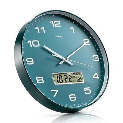 Wall Clock, 14" Large Dial Non-Ticking Silent Battery Operated Analog with LCD Display for Perpetual Calendar and F° Temperature, Ideal Modern Home, Bedroom, Kitchen, Office Decor(Green) | Perpetual calendar, Fahrenheit temperature, easy-to-read analog di