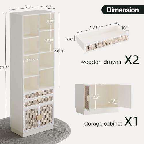 Bookcase with 2 Drawers and Doors, 8 Storage Cubes | Tall Bookshelf, Modern Bookcases, Wooden Bookshelves for Home and Office, Living Room, Study, White Rattan
