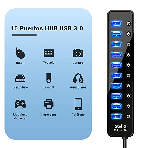 Powered USB 3.0 Hub, atolla 10 Ports USB Data Hub Splitter with Individual ON/Off Switches and 12V/2.5A Power Adapter USB Extension for Mouse, Keyboard, Hard Drive or More Devices