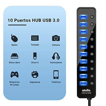 Powered USB 3.0 Hub, atolla 10 Ports USB Data Hub Splitter with Individual ON/Off Switches and 12V/2.5A Power Adapter USB Extension for Mouse, Keyboard, Hard Drive or More Devices