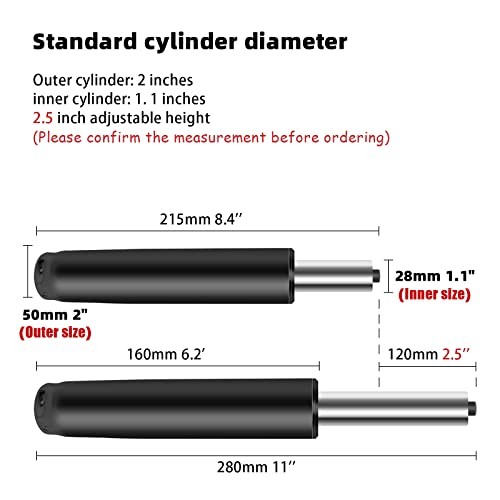 Omyoffice 2.5 Inch Office Chair Gas Lift Cylinder Replacement, Black | Heavy Duty 1000 lbs Hydraulic Pneumatic Piston, Universal Fit Most Office, Desk, Gaming Chairs, Fix Sinking - size: 2.5 inch