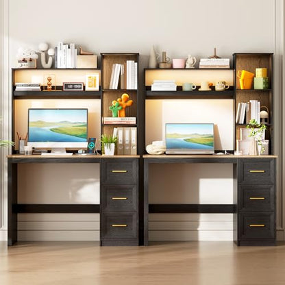 40” Home Office Desk with Hutch and Drawers, Black | Modern Computer Desk with Adjustable LED Light and Charging Station, Storage Shelves, Writing Table for Bedroom Study Room - color: Black+brown
