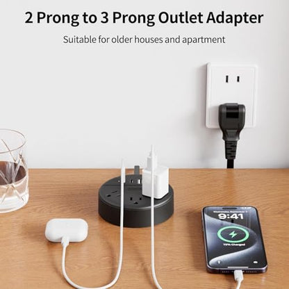 NTONPOWER 2 Prong Power Strip, 1875W 2 Prong to 3 Prong Outlet Adapter, 2 Prong Extension Cord 5 ft, Rotating Plug, Wall Mount, 3 Outlet 2 USB A+2 USB C, Two Power Strip for Travel, Older House, Dorm - size: 5 ft