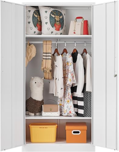 Metal Wardrobe Cabinet with Hanging Rod & Lock,White Armoire Wardrobe Closet,Metal Clothing Storage Cabinet with Adjustable Shelves and Doors,72" Armoire Storage Cabinets for Home,Living/Laundry Room - color: White, size: 72"H with Hanging Rod