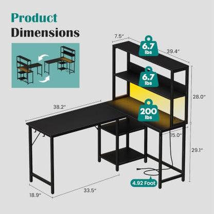 OLIXIS L Shaped Desk, Gaming Desk, LED Lights, 53 Inch | Power Outlets, Reversible Corner Home Office Table, Adjustable Shelf CPU Stand, Black - size: 53.1 IN