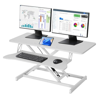 Standing Desk Converter 38 Inch, Height Adjustable Sit to Stand Workstation, Dual Monitor and Laptop Riser with Wide Keyboard Tray, Ergonomic Desk Topper for Home Office School, White - color: White