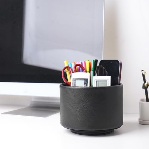 Round Leather Art Supply Organizer,Remote Control Holder,360 Degree Spinning,Multi-Functional Pencil Holder,4 Compartments Desktop Stationary Organizer(1-Crazy Black) - color: 1-Crazy Black