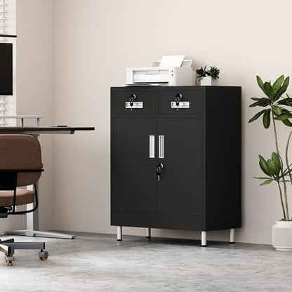 Metal Storage Cabinet with Locking Doors and 2 Drawers, Lockable Storage Cabinet with Adjustable Shelf for Home Office Garage Entryway Pantry (Black)