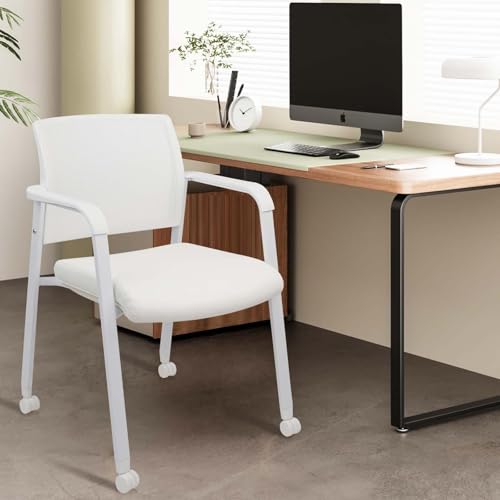 CLATINA Stacking Office Chairs with Wheels | Mesh Back, Thicken Leather Seat and Streamline Armrests, Ergonomic Lumber Support | School, Desk, Guest Reception, Waiting, Conference, White - color: Withwheels White Leather, size: 1 pack