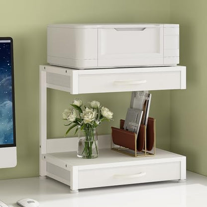 VENNQD 2-Tier Desktop Printer Stand with 2 Fabric Drawers, Prtiner Table with Storage Shelf, Desk Organizer for Home Office,3D Printer,Fax Machine,Scanner (White, 2 Tier) - color: White