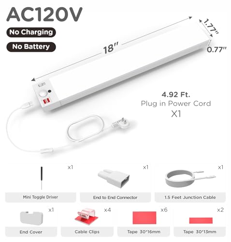 Under Cabinet Lighting Plug in, AC120V 3CCT 3000/4000/5000K Motion Sensor Light Indoor with Timer, Super Bright Linkable LED Counter Light for Kitchen, Closet, White 18 Inch, 1Pack - size: 18 Inch
