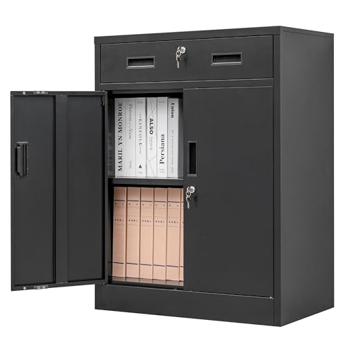 CMY Metal Storage Cabinet, Locking Storage Cabinet with 1 Drawer and Adjustable Shelf, 36" H x 28" W x 16" D Metal Cabinets for Office, Garage, Home-Black - color: Black-1 Drawer, size: 36" H