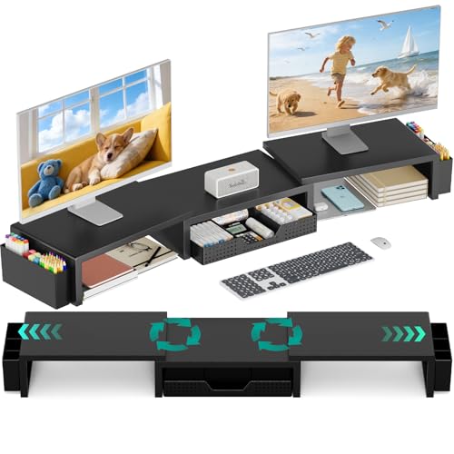 OPNICE Desk Organizer and Accessories, Computer Monitor Stand Riser with Drawer and 2 Pen Holders, Laptop Stand, Office Desk Accessories for Office Supplies, Black - color: Black 1-Pack, size: 40.6" x 9.3" x 4.3"
