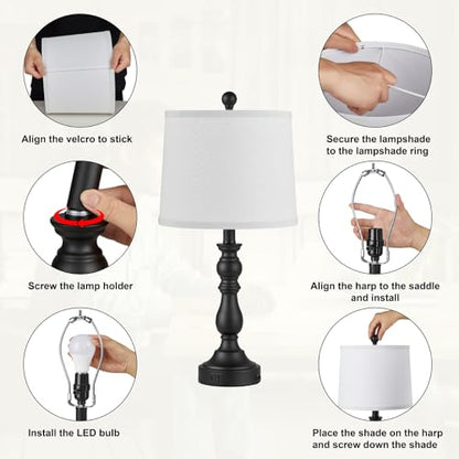 Black Table Lamps Set of 2, Black Lamps for Bedroom, USB C+A Ports - color: E.White, Black