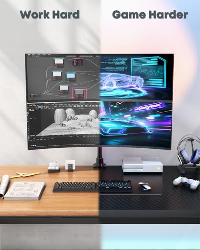 Dual Ultrawide Monitor Mount for 24-57'' Screens, Max Load 59.4 lbs per Arm | Vertically Stacked, Heavy Duty, Aluminum, Fully Adjustable, Topside Clamp/Grommet Mounting, VESA 75/100 mm, Black - color: Black