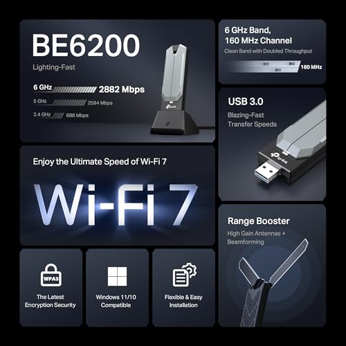 TP-Link BE6200 Tri-Band USB 3.0 Wi-Fi 7 Adapter for Desktop PC, WiFi Dongle | USB Wireless Adapter, Support Win11/10 | 2 x High Gain Antennas | 6GHz,4K-QAM,160MHz, WPA3|Secure by Design, Archer TBE401UH - size: BE6200, WiFi 7