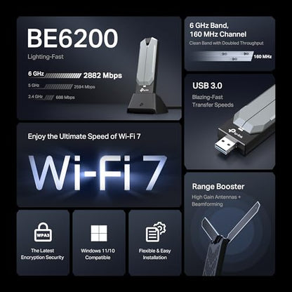 TP-Link BE6200 Tri-Band USB 3.0 Wi-Fi 7 Adapter for Desktop PC, WiFi Dongle | USB Wireless Adapter, Support Win11/10 | 2 x High Gain Antennas | 6GHz,4K-QAM,160MHz, WPA3|Secure by Design, Archer TBE401UH - size: BE6200, WiFi 7